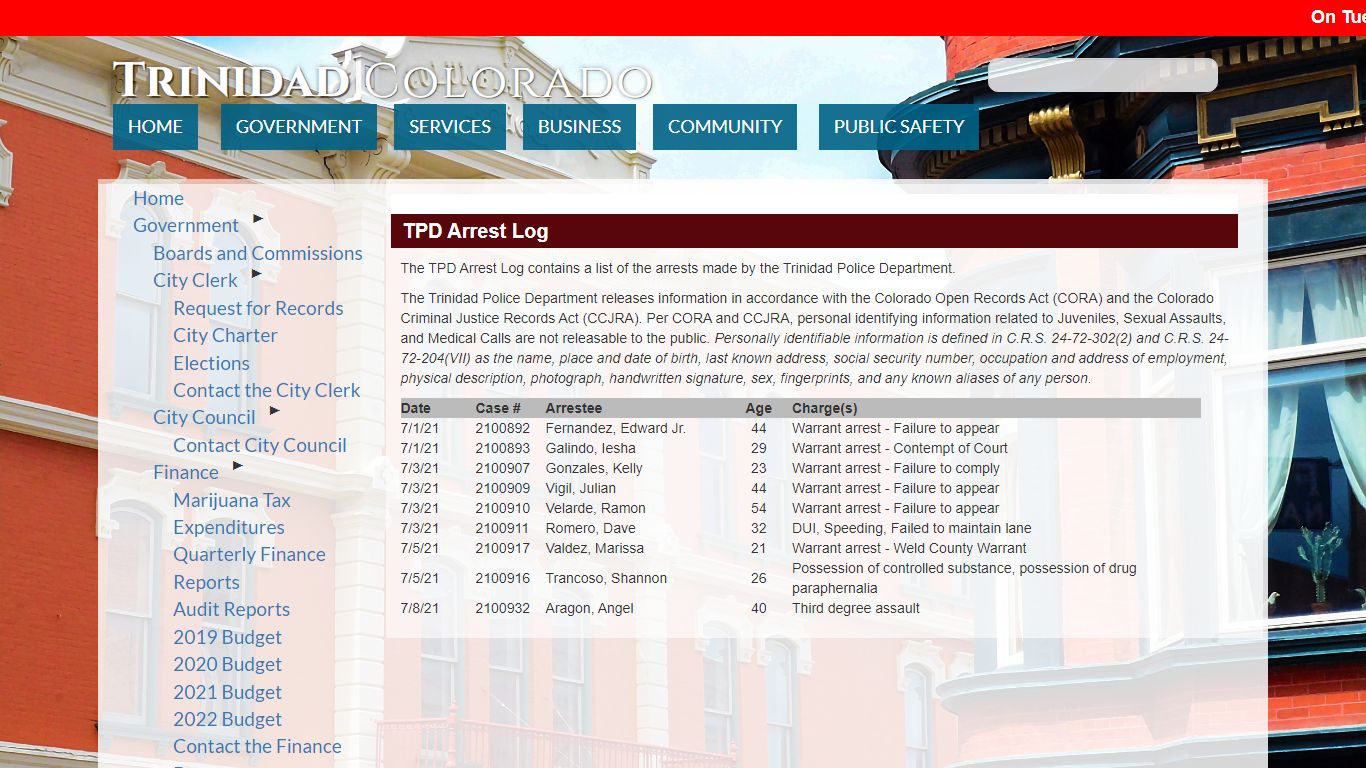 Official Website of the City of Trinidad, Colorado TPD Arrest Log