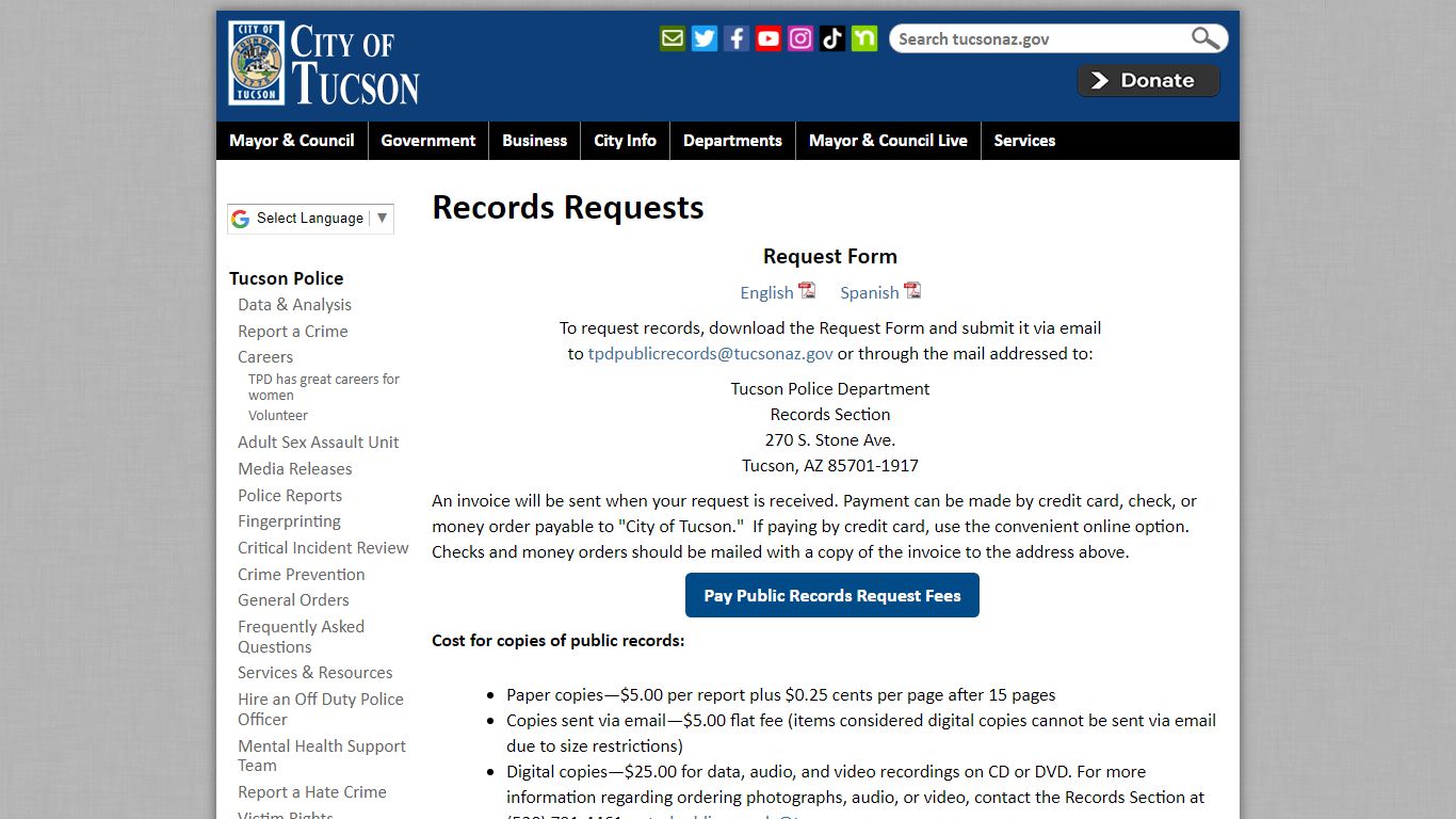 Records Requests | Official website of the City of Tucson